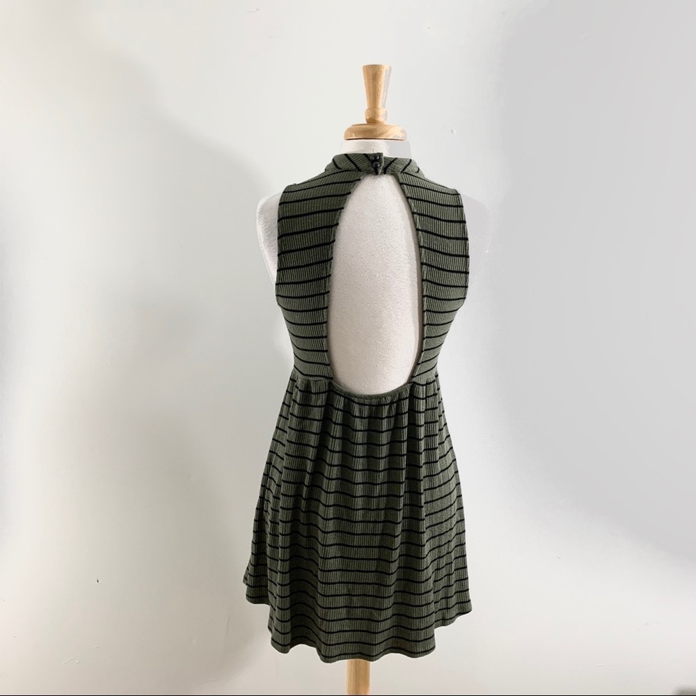 Olive Green Black Striped Open Back Sleeveless Dress Size Small